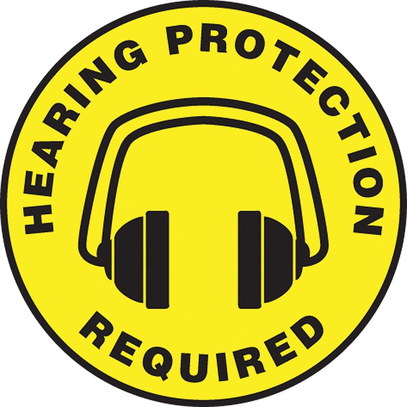 Accuform Slip-Gard HEARING PROTECTION REQUIRED Round Floor Sign, Black/Yellow, 8"Dia. (MFS1008)