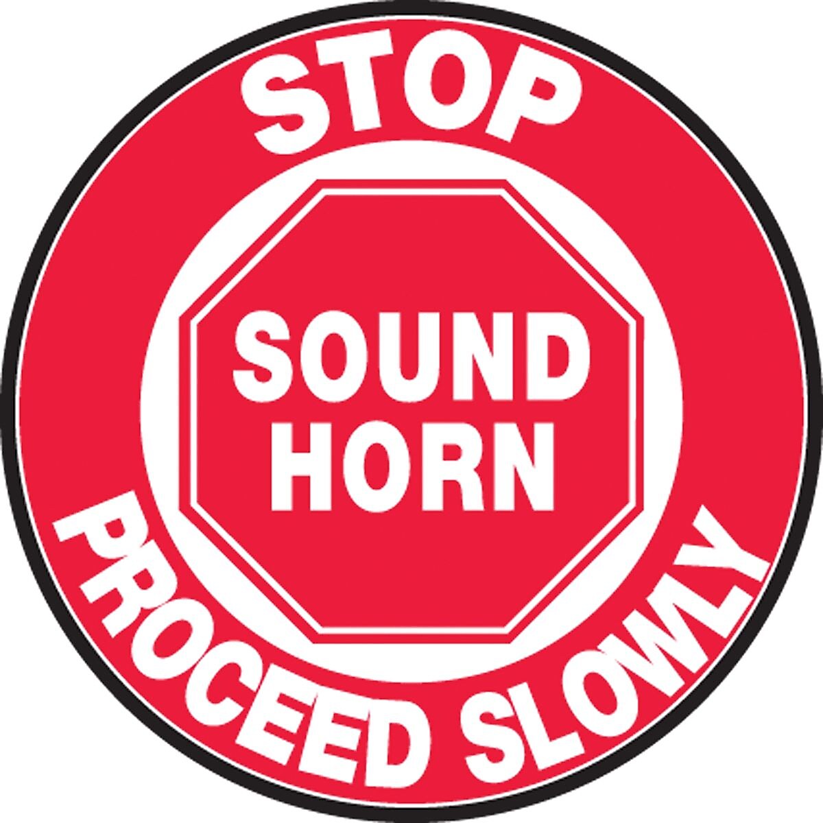 Accuform Slip-Gard STOP SOUND HORN PROCEED SLOWLY Round Floor Sign, White/Red, 8"Dia. (MFS818)