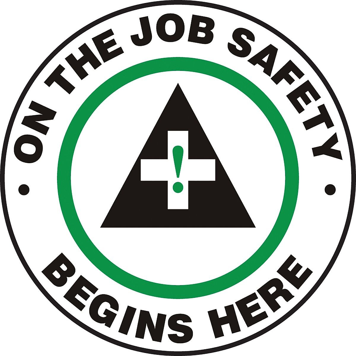 Accuform Slip-Gard ON THE JOB SAFETY BEGINS HERE Round Floor Sign, Black/Green/White, 17"Dia (MFS740)
