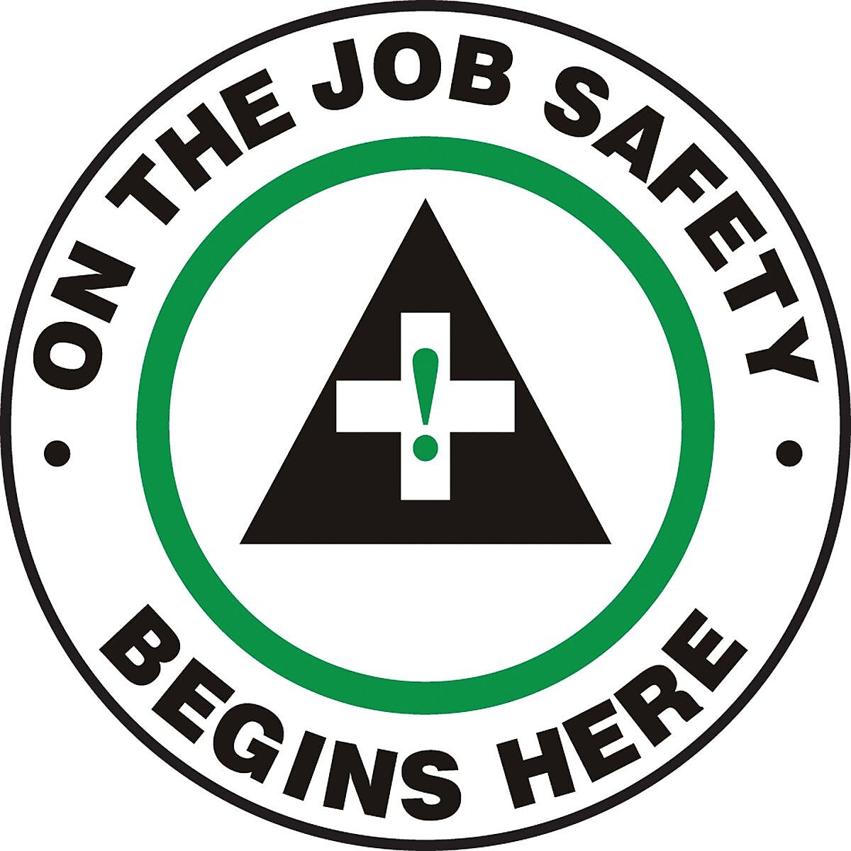 Accuform Signs® Slip-Gard™ ON THE JOB SAFETY BEGINS HERE Round Floor Sign, Black/Green/White, 8"Dia.