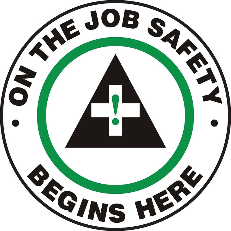 Accuform Signs® Slip-Gard™ ON THE JOB SAFETY BEGINS HERE Round Floor Sign, Black/Green/White, 8"Dia.