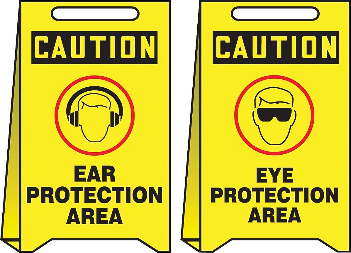 Accuform Slip-Gard CAUTION EAR PROTECTION AREA..Reversible Fold-Ups, Red/BLK/Yellow, 20"x12" (PFE440)