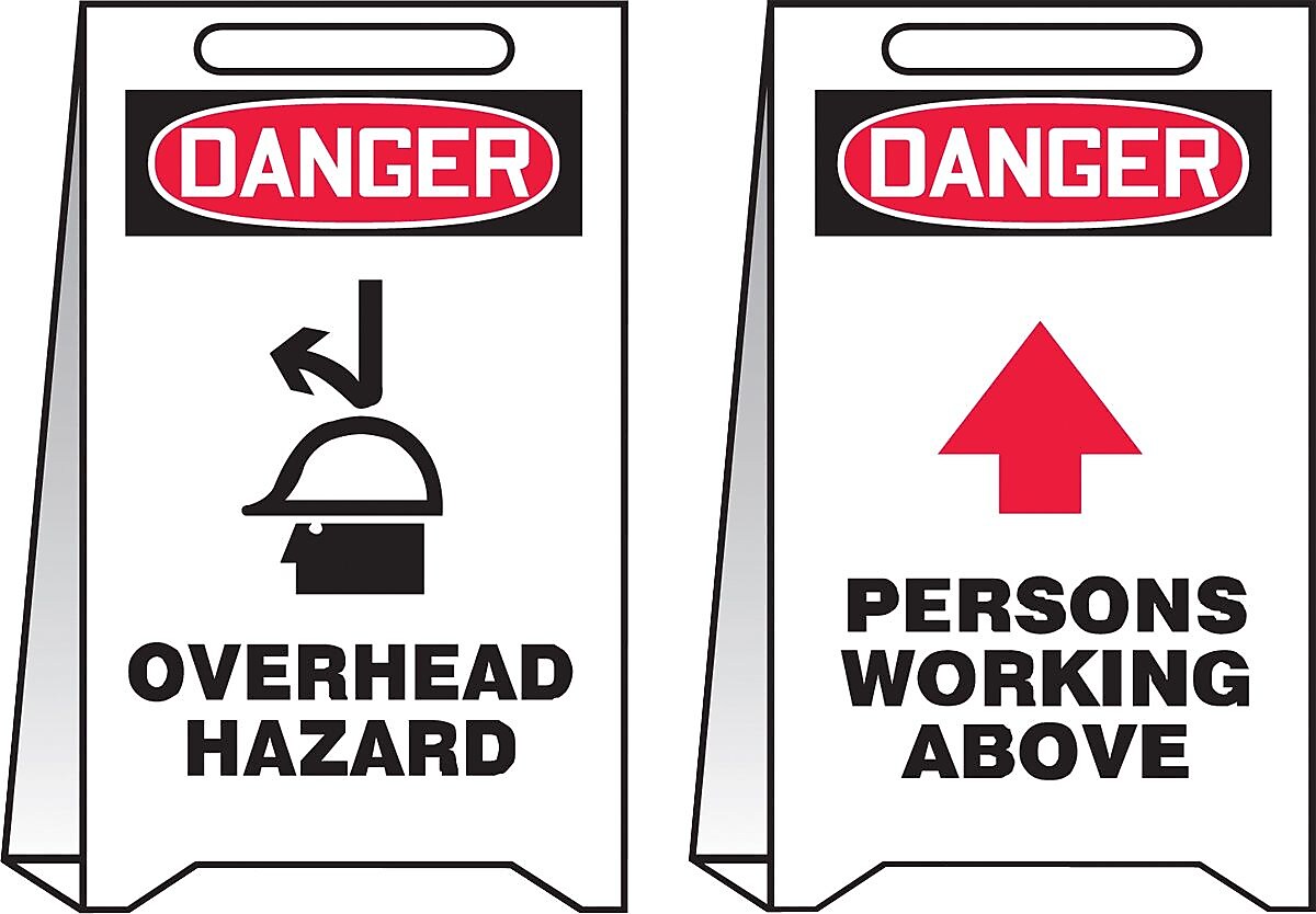 Accuform Slip-Gard DANGER OVERHEAD HAZARD/DANGER..Reversible Fold-Ups, Red/BLK/WHT, 20"x12" (PFE420)