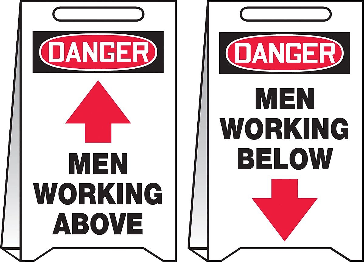 Accuform Slip-Gard DANGER MEN WORKING ABOVE/BELOW..Reversible Fold-Ups, BLK/Yellow, 20"x12" (PFE470)