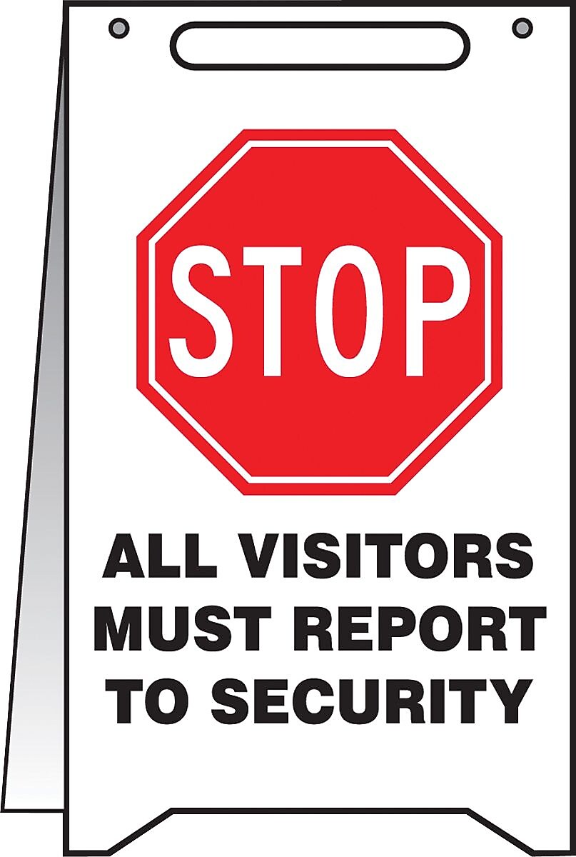 Accuform Slip-Gard STOP ALL VISITORS MUST REPORT TO SECURITY Fold-Ups, BLK/Red/WHT, 20"x12" (PFR641)