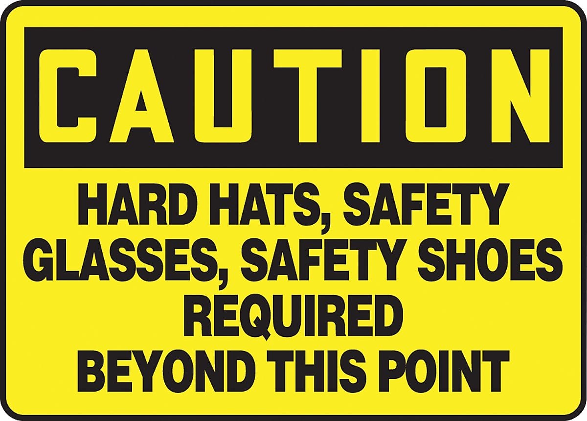 Accuform Safety Sign; HARD HATS, SAFETY GLASSES, SAFETY SHOES REQUIRED, 7"x10", Aluminum (MPPE441VA)