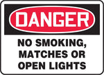 ACCUFORM SIGNS® Safety Sign, DANGER NO SMOKING, MATCHES OR OPEN LIGHTS, 7" x 10", Aluminum, Each