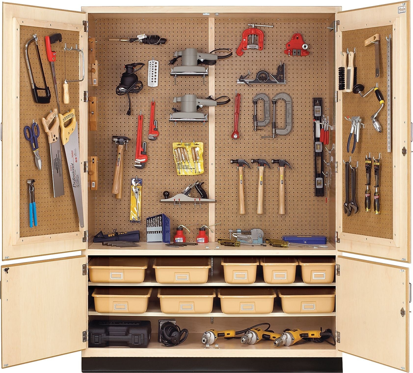 Diversified Woodcrafts Pegboard Tool Storage Cabinet with Holders, 3-Shelf, Maple, 84"H x 60"W x 22"D