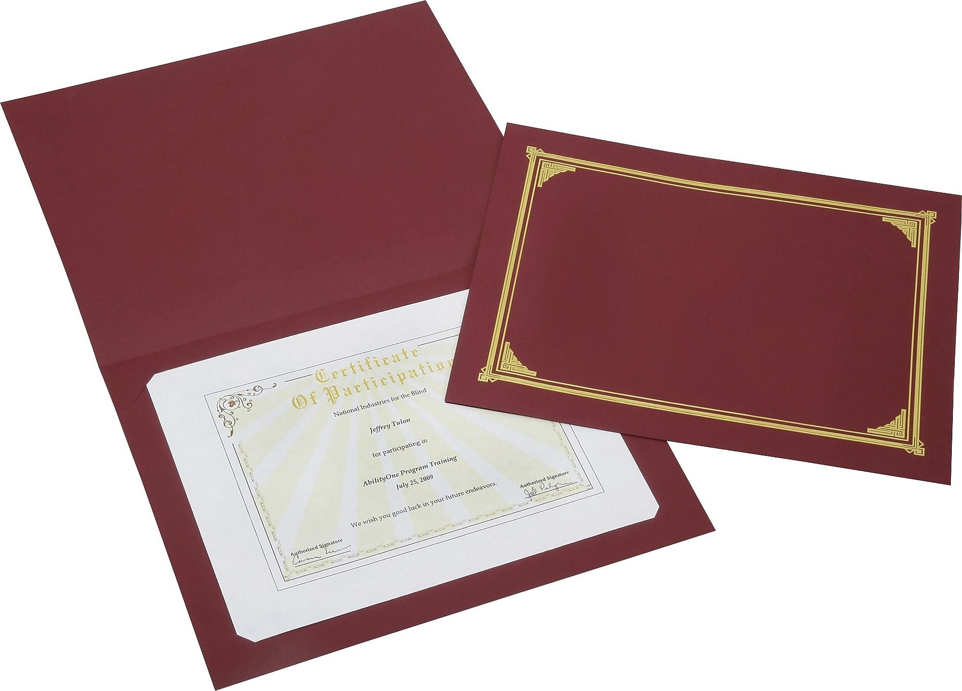 AbilityOne SKILCRAFT Linen Gold Foil Certificate Holder, A4, 8.5"W x 11"L, 8"W x 10"L Sheet Size, Linen, Burgundy, 6/PK