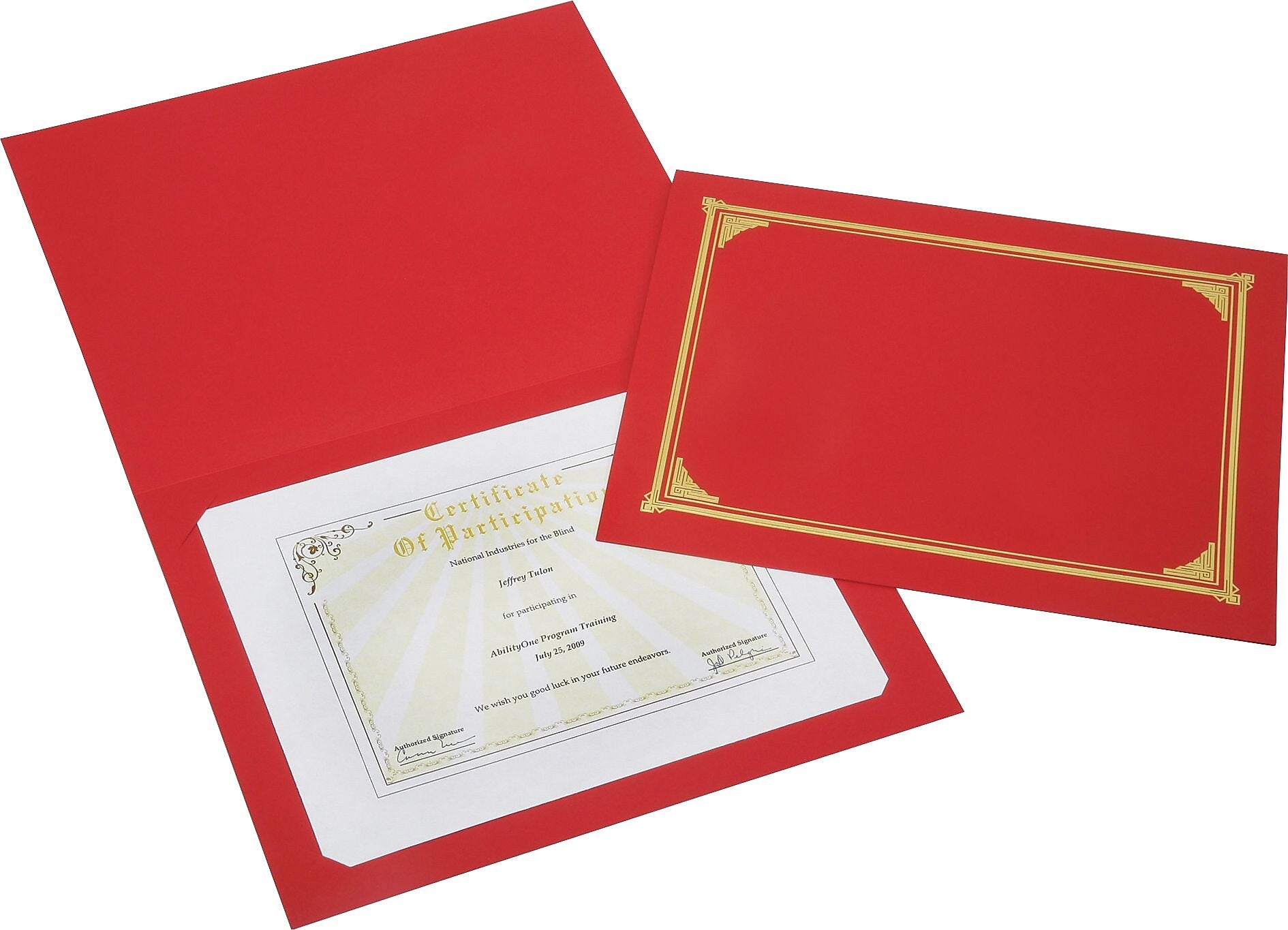 AbilityOne SKILCRAFT Linen Gold Foil Certificate Holder, A4, 8.5"W x 11"L, 8"W x 10"L Sheet Size, Linen, Red, 6/Pack