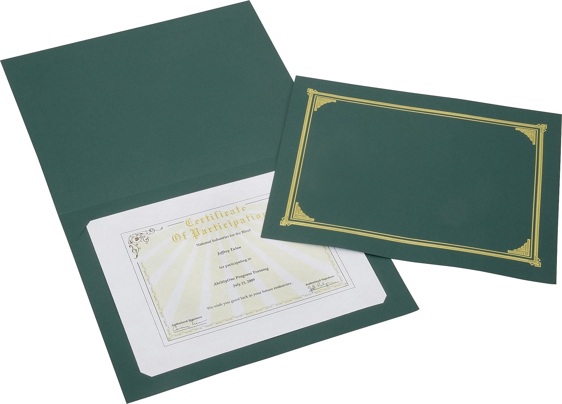 AbilityOne SKILCRAFT Linen Gold Foil Certificate Holder, A4, 8.5"W x 11"L, 8"W x 10"L Sheet Size, Linen, Green, 6/Pack