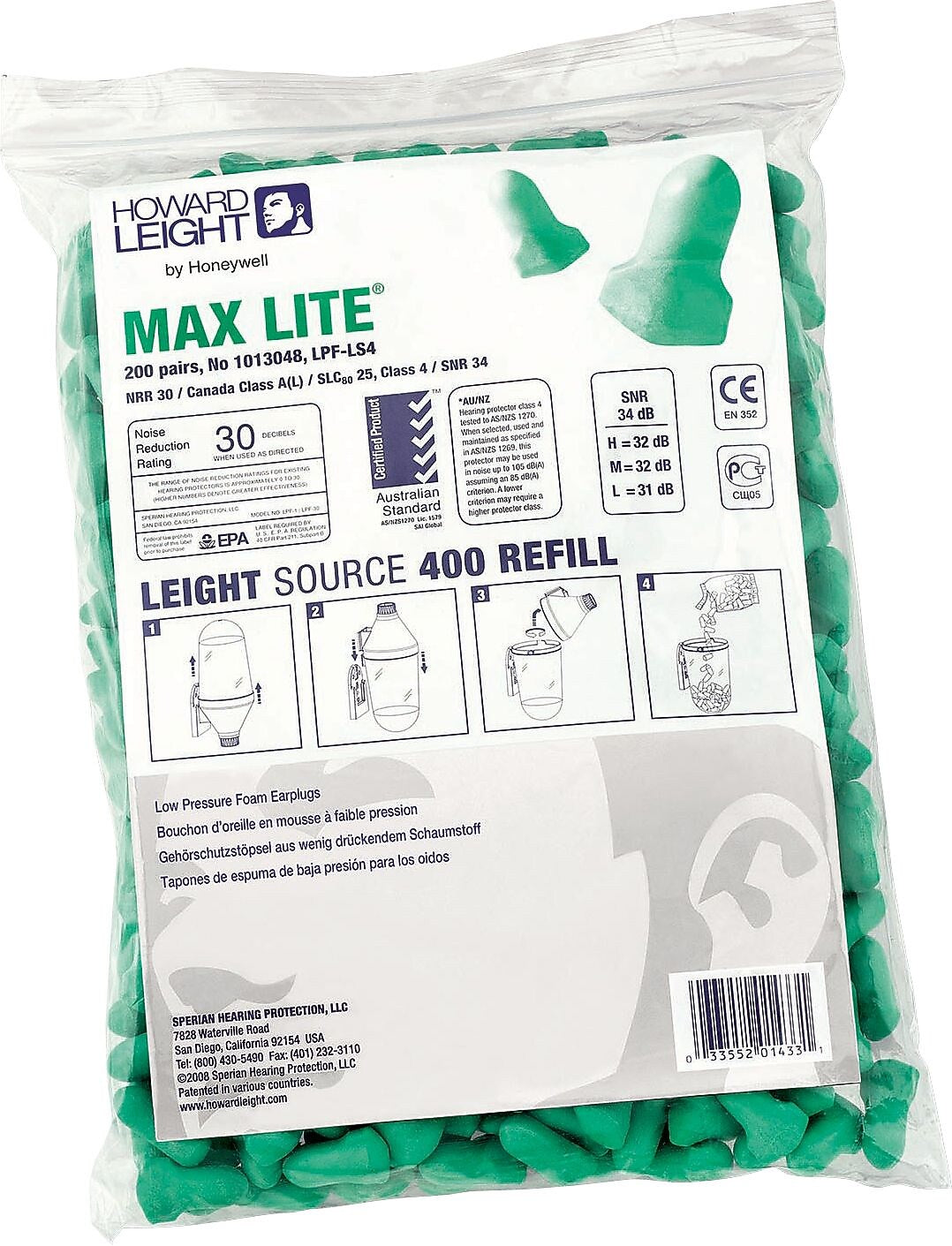 Howard Leight Max Lite Uncorded Earplugs, NRR 30 dB, Green, 200/Box (154-LPF-LS4)