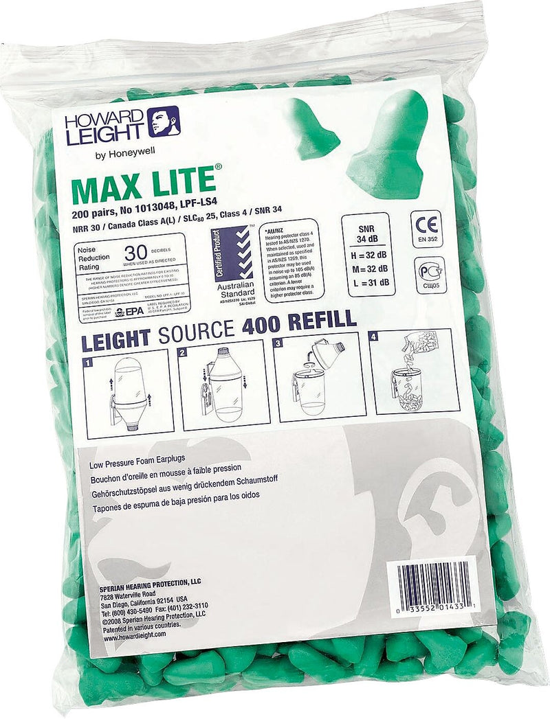 Howard Leight Max Lite Uncorded Earplugs, NRR 30 dB, Green, 200/Box (154-LPF-LS4)