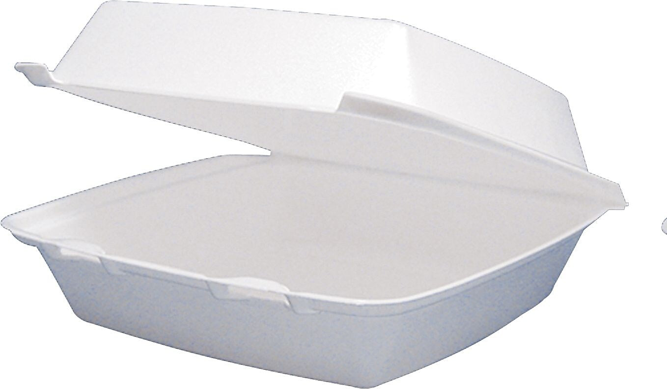 Dart® Foam Carryout Hinged Food Container, 1 Comp, 3"(H) x 9 1/4"(W) x 9 1/2"(D), White