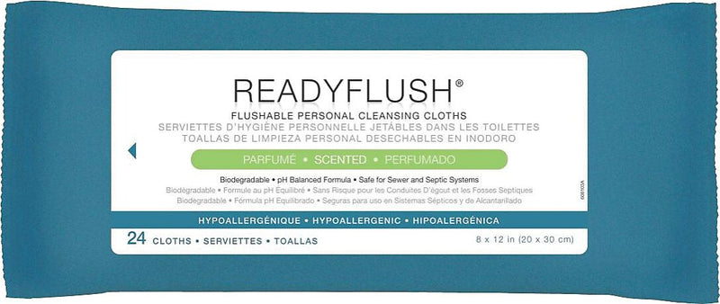 ReadyFlush Flushable Wet Wipes, 13'' L x 9'' W, Fragrance, Soft Pack Container, 24/Pack