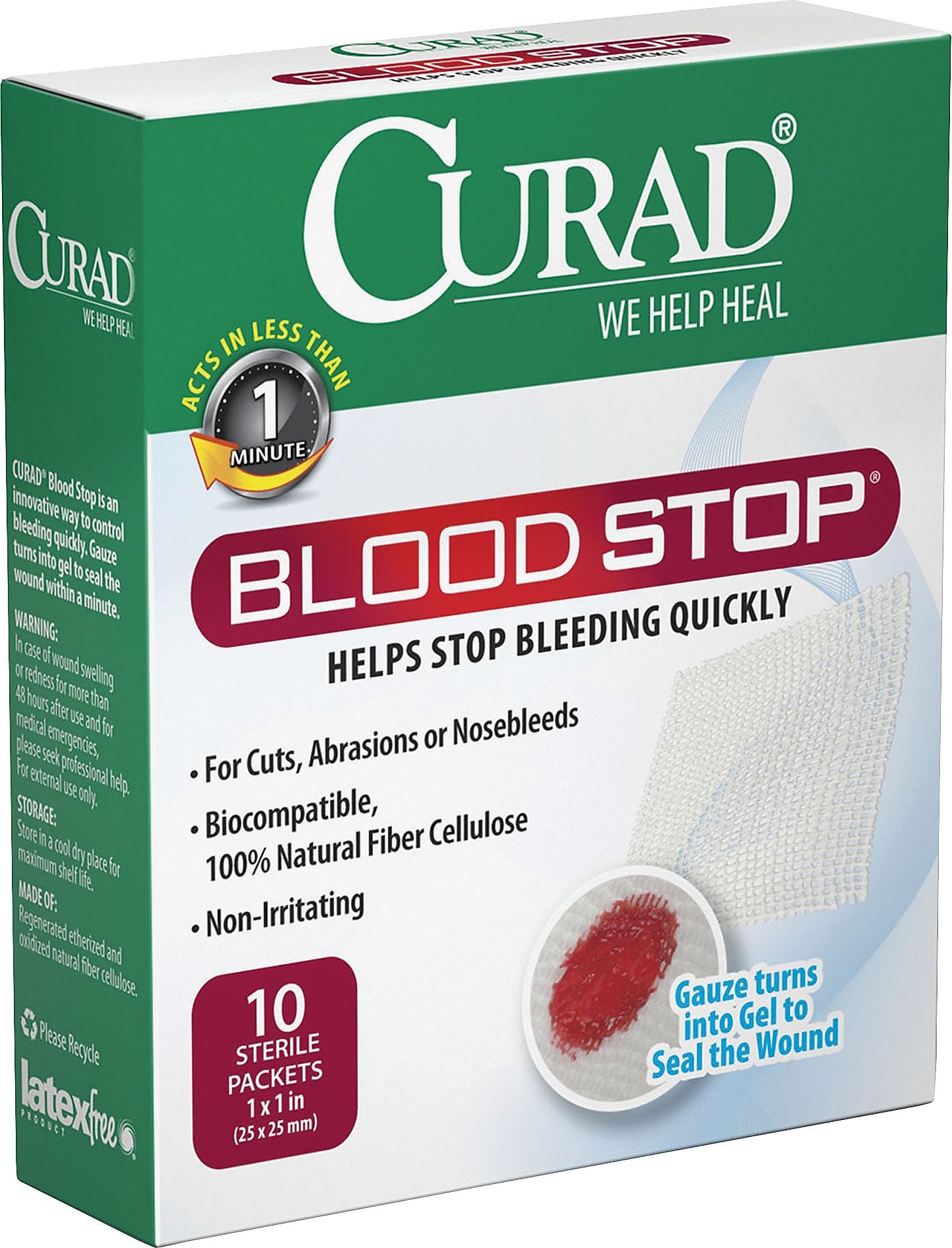 Curad Blood Stop Gauze Packets, 1" x 1", 10/Box, White
