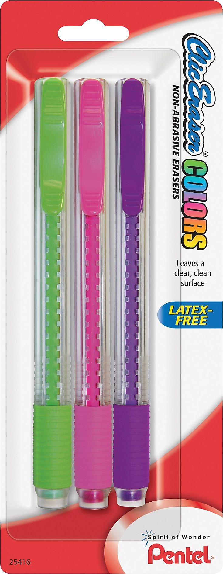 Pentel Clic Stick Erasers, Assorted Colors, 3/Pack (ZE23BP3M)