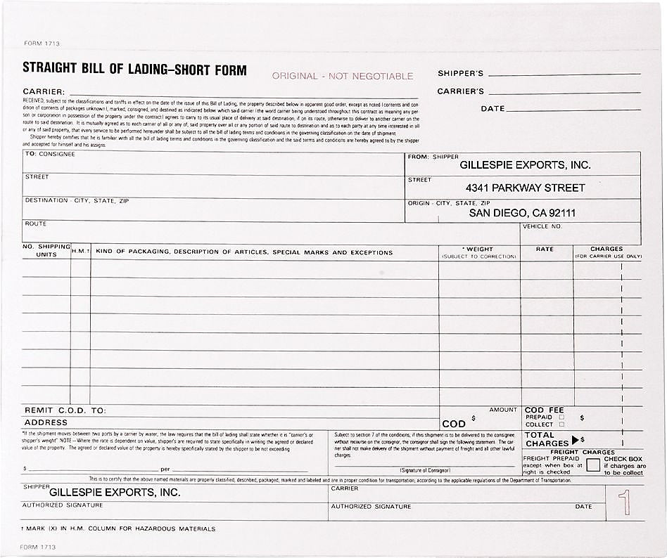 Bill of Lading Short Form, 8-1/2" x 7", 3-Part, Qty 500