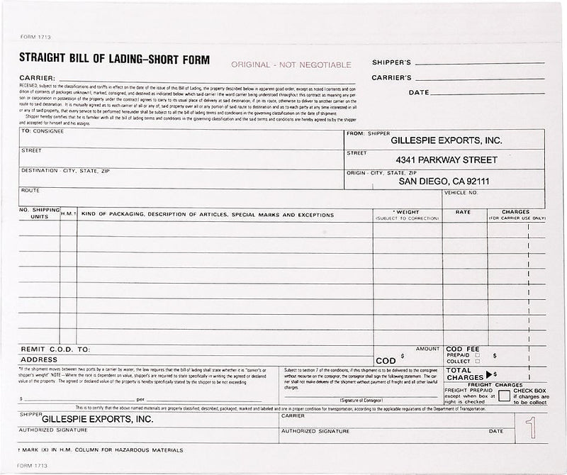 Bill of Lading Short Form, 8-1/2" x 7", 3-Part, Qty 250