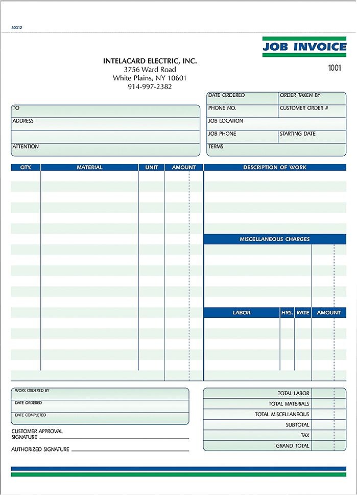 Job Invoice Form Ruled, 8-1/2" x 11", 2-Part, Qty 1000