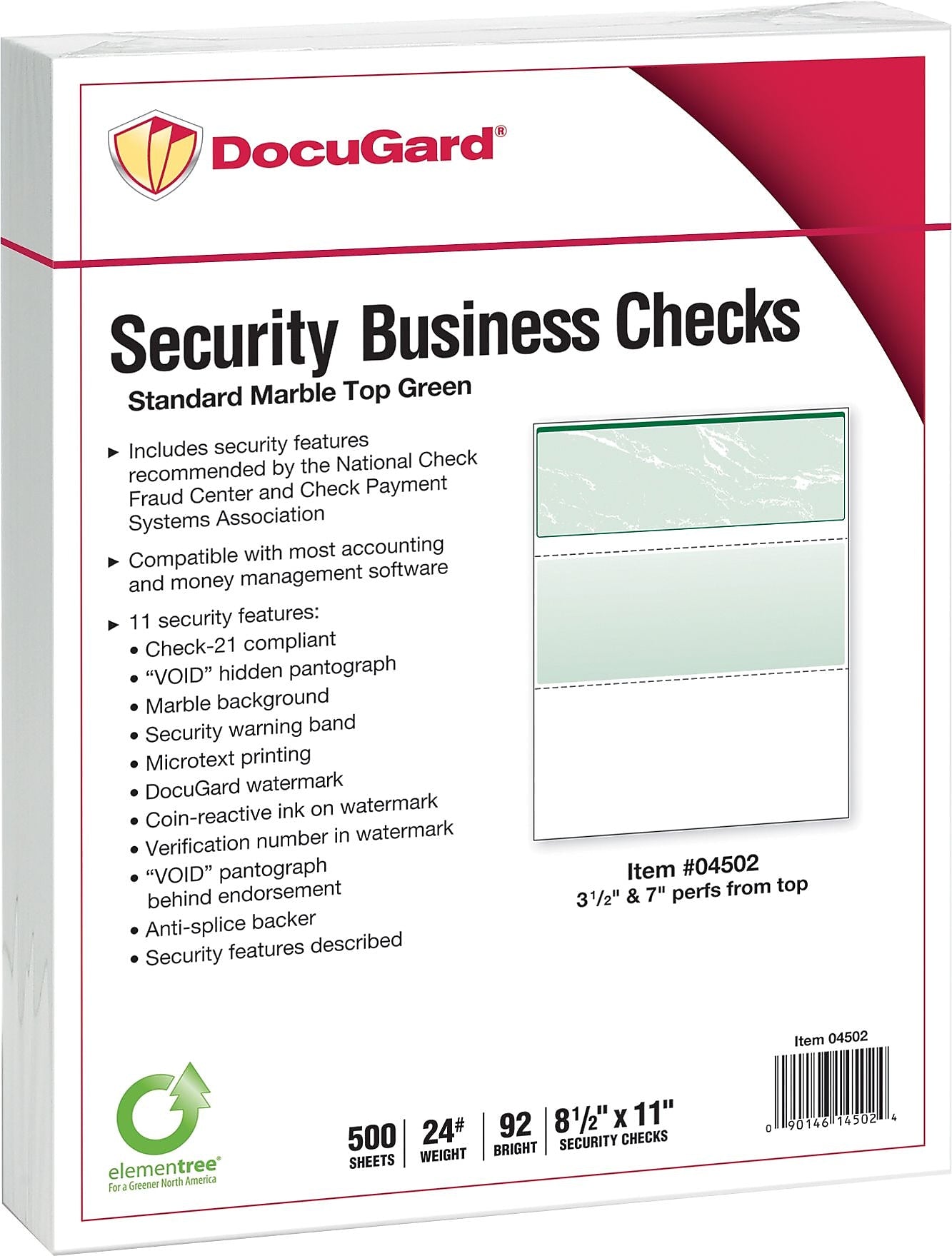 Paris DocuGard Standard 8.5" x 11" Business Security Check On Top, 24 lbs., Green, 500 Sheets/Ream, 2500/Carton (04502P)