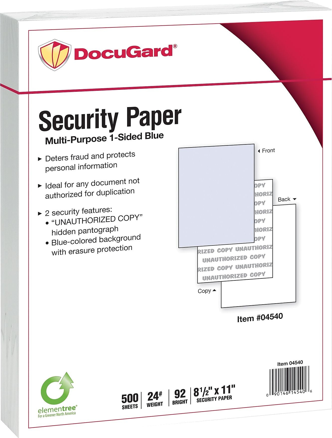 Paris DocuGard Standard 8.5" x 11" Security Paper, 24 lbs., Blue, 500 Sheets/Ream, 2500/Carton (04540)