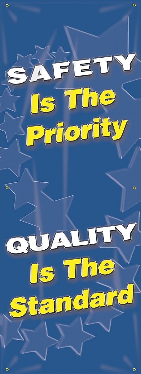 Accuform Vertical Banner; SAFETY IS THE PRIORITY QUALITY, STANDARD, Dbl-Sided, 74"x28" Vinyl (MBR625)
