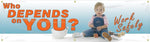 Accuform Motivational Safety Banner, WHO DEPENDS ON YOU? WORK SAFELY, 28" x 8', Reinforced Vinyl (MBR850)