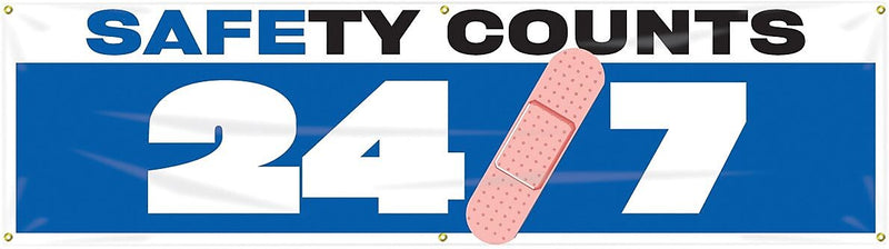Accuform Motivational Safety Banner, SAFETY COUNTS 24/7, 28" x 8', Reinforced Vinyl (MBR936)