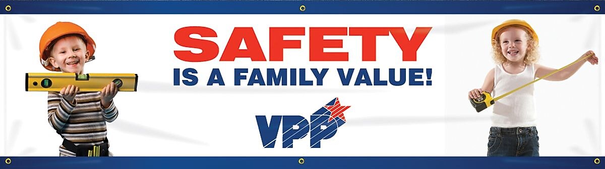 ACCUFORM SIGNS® Motivational VPP Safety Banner, SAFETY IS A FAMILY VALUE!, 28"x8', Reinforced Vinyl