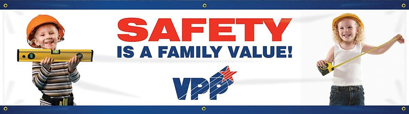 ACCUFORM SIGNS® Motivational VPP Safety Banner, SAFETY IS A FAMILY VALUE!, 28"x8', Reinforced Vinyl