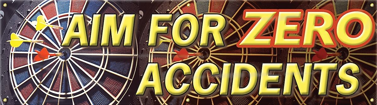 Accuform Motivational Safety Banner, AIM FOR ZERO ACCIDENTS, 28" x 8', Reinforced Vinyl (MBR817)