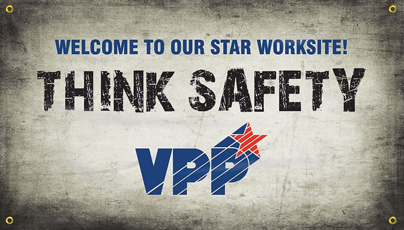 Accuform Motivational VPP Banner, WELCOME TO OUR STAR WORKSITE! THINK SAFETY, 28"x4', Vinyl (MBR481)