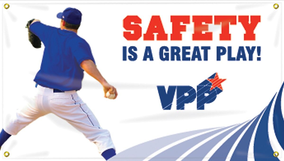 Accuform Signs® Motivational VPP Safety Banner, SAFETY IS A GREAT PLAY!, 28" x 4-ft, Reinforced Vinyl, Each (MBR470)