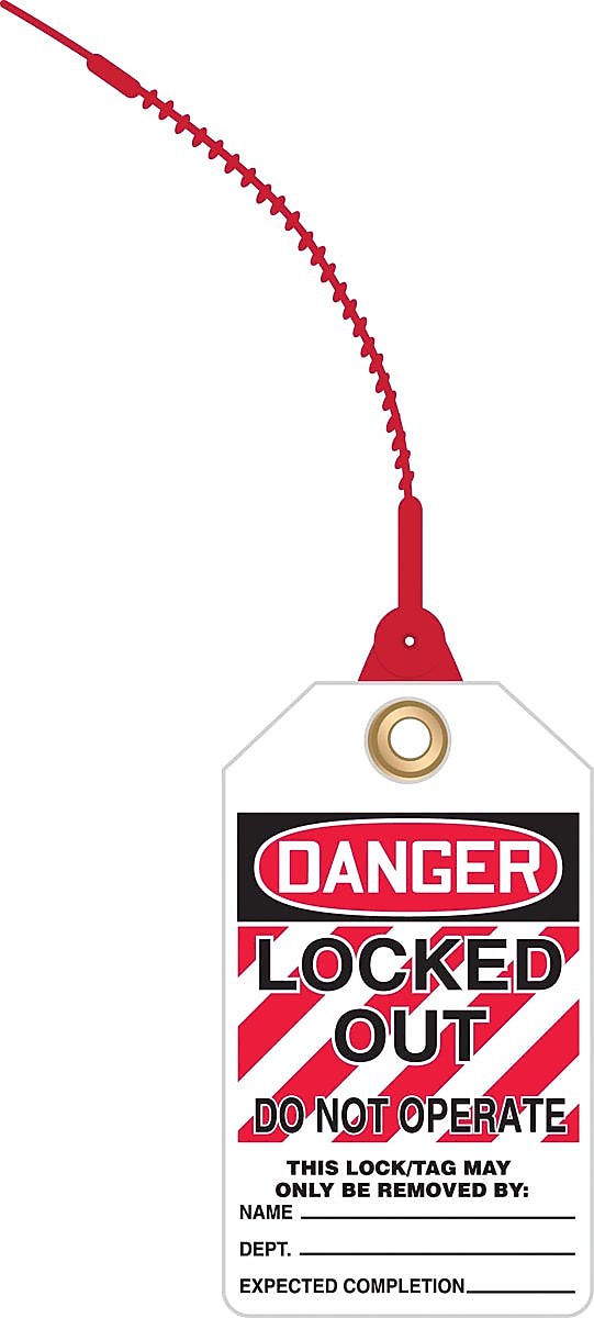 Accuform Loop 'n Lock Tie Tags, DANGER LOCKED OUT DO NOT OPERATE, RP-Plastic, 10/Pack (TAK639)
