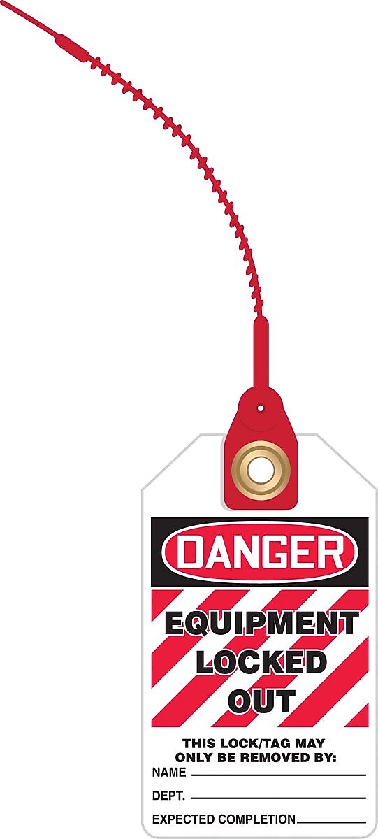Accuform Loop 'n Lock Tie Tags, DANGER EQUIPMENT LOCKED OUT, RP-Plastic, 10/Pack (TAK643)