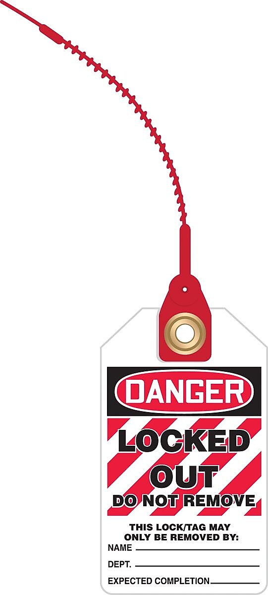 Accuform Loop 'n Lock Tie Tags, DANGER LOCKED OUT DO NOT REMOVE, RP-Plastic, 10/Pack (TAK645)