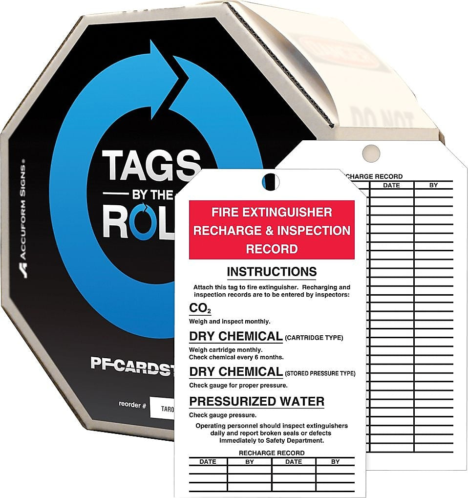 Accuform Tag By-The-Roll, FIRE EXTINGUISHER RECHARGE & INSPECTION, 6 1/4"x3" Cardstock, 250/Roll (TAR740)