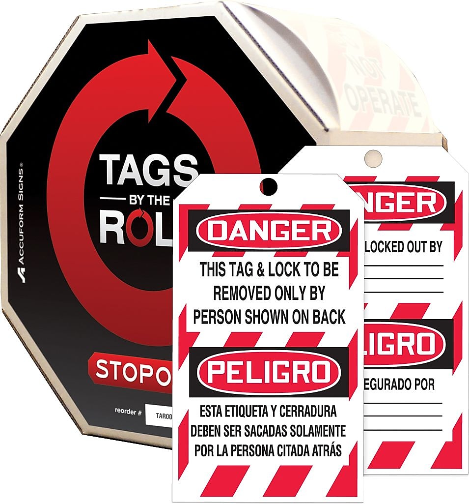 Accuform Bilingual Tags Roll; DANGER TAG & LOCK TO BE REMOVED BY, 6¼"x3" PF-Cardstock, 100/Roll (TAR464)