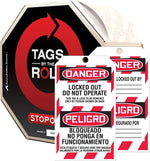 Accuform Bilingual Tag By-The-Roll, DANGER LOCKED OUT DO NOT OPERATE, 6 1/4"x3" Cardstock 250/RL (TAR484)