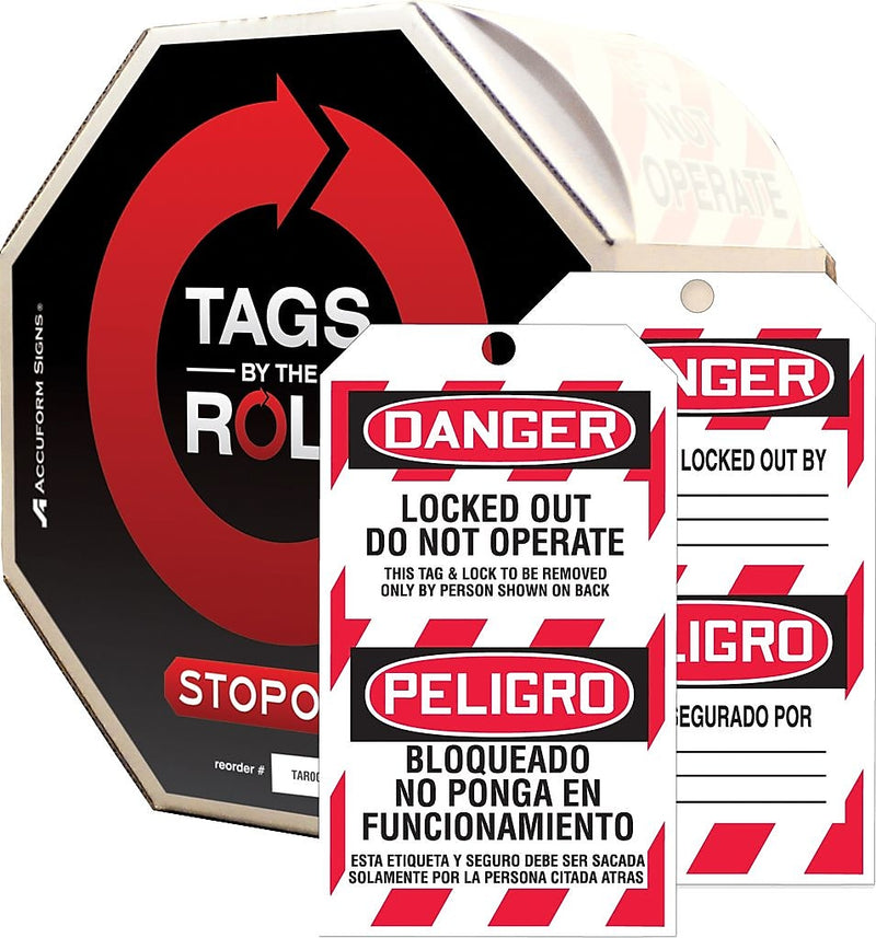 Accuform Bilingual Tag By-The-Roll, DANGER LOCKED OUT DO NOT OPERATE, 6 1/4"x3" Cardstock 100/RL (TAR462)