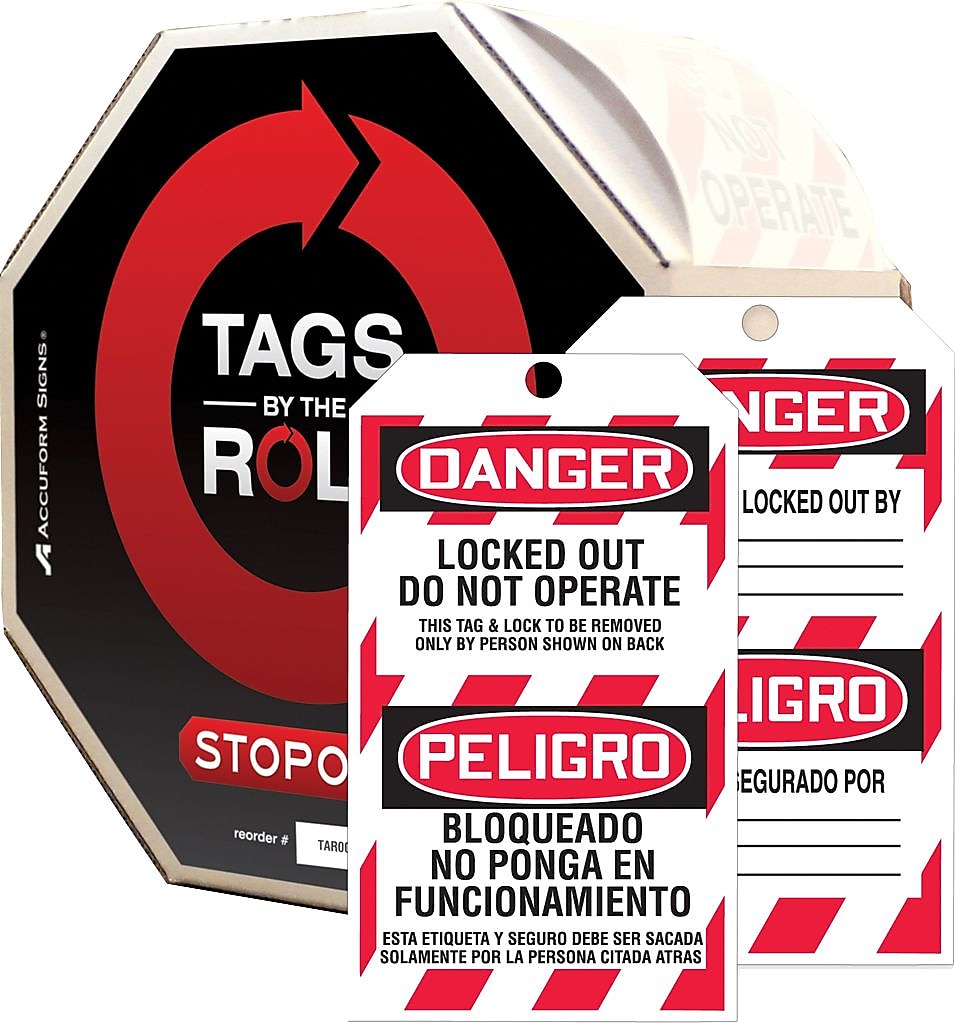 Accuform Bilingual Tag By-The-Roll, DANGER LOCKED OUT DO NOT OPERATE, 6 1/4"x3" Cardstock 100/RL (TAR462)