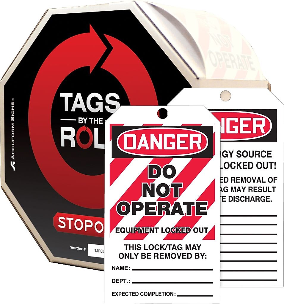 Accuform Tag By-The-Roll, DANGER DO NOT OPERATE EQUIPMENT LOCK OUT, 6 1/4"x3" Cardstock, 100/Roll (TAR402)
