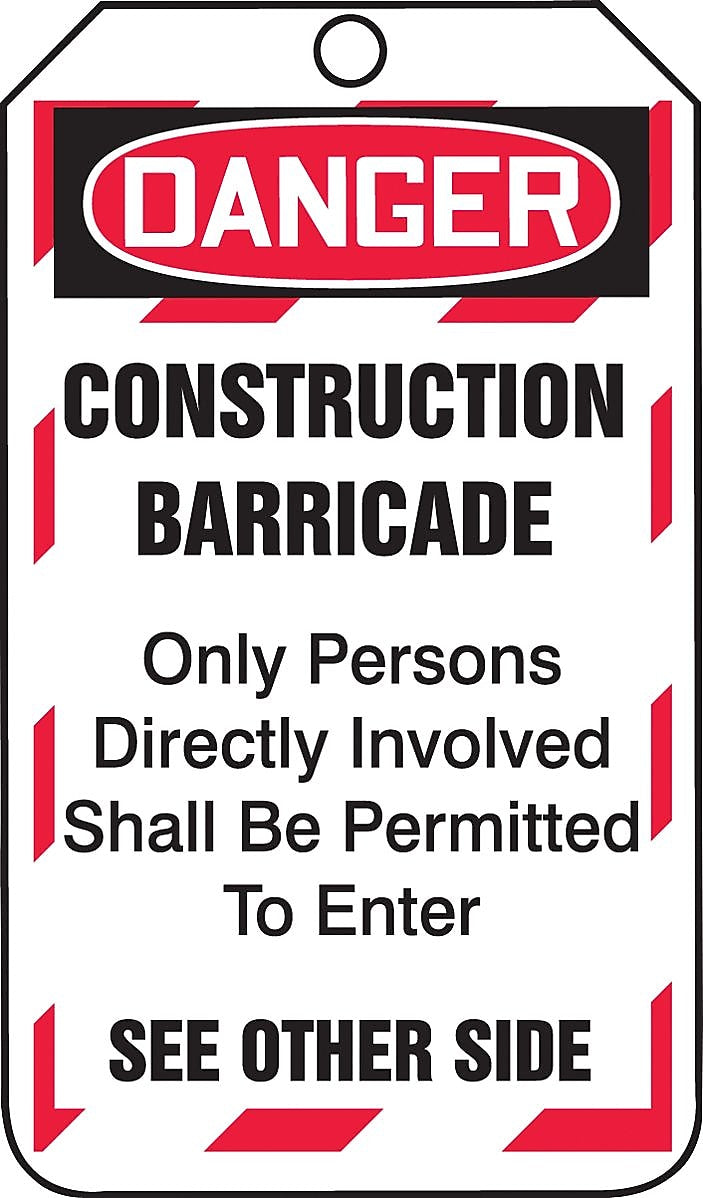 Accuform Safety Tag, DANGER CONSTRUCTION BARRICADE, 5¾" x 3¼", RP-Plastic, 25/Pack (TAB102PTP)
