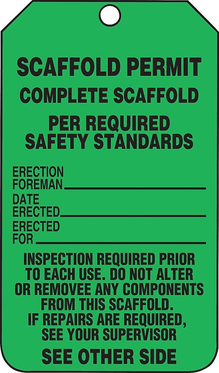 Accuform Tag, SCAFFOLD PERMIT COMPLETE PER REQ'D SAFETY STANDARDS, 5¾"x3¼" RP-Plastic, 25/Pack (TRS326PTP)