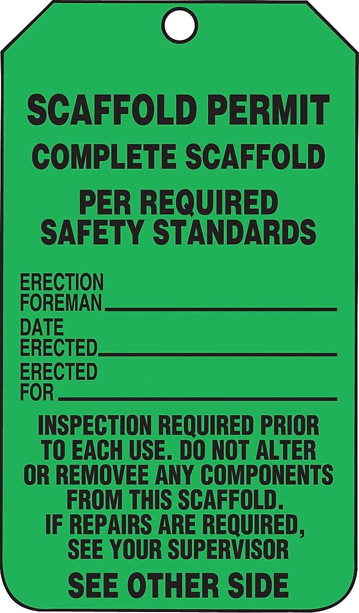 Accuform Tag, SCAFFOLD PERMIT COMPLETE PER REQ'D SAFETY STANDARDS, 5¾"x3¼" Cardstock, 25/Pack (TRS326CTP)