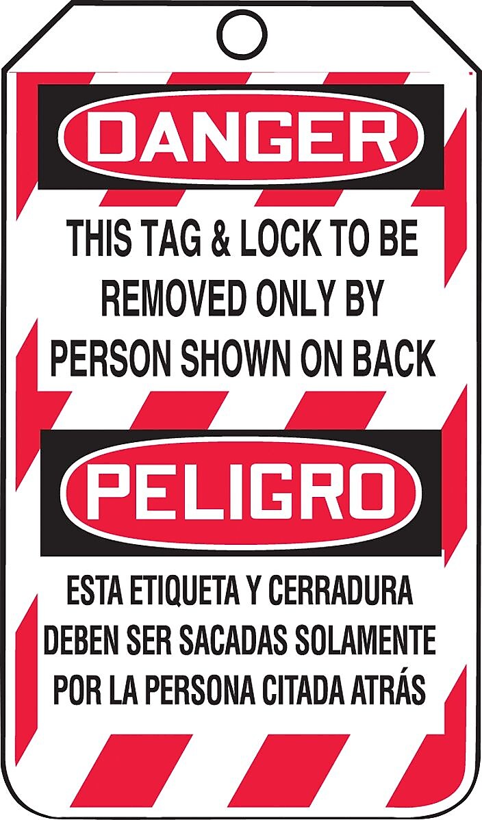 Accuform Bilingual Tag; DANGER THIS LOCK TO BE REMOVED ONLY BY PERSON 5¾"x3¼" Plastic, 25/Pack (MSPT505PTP)