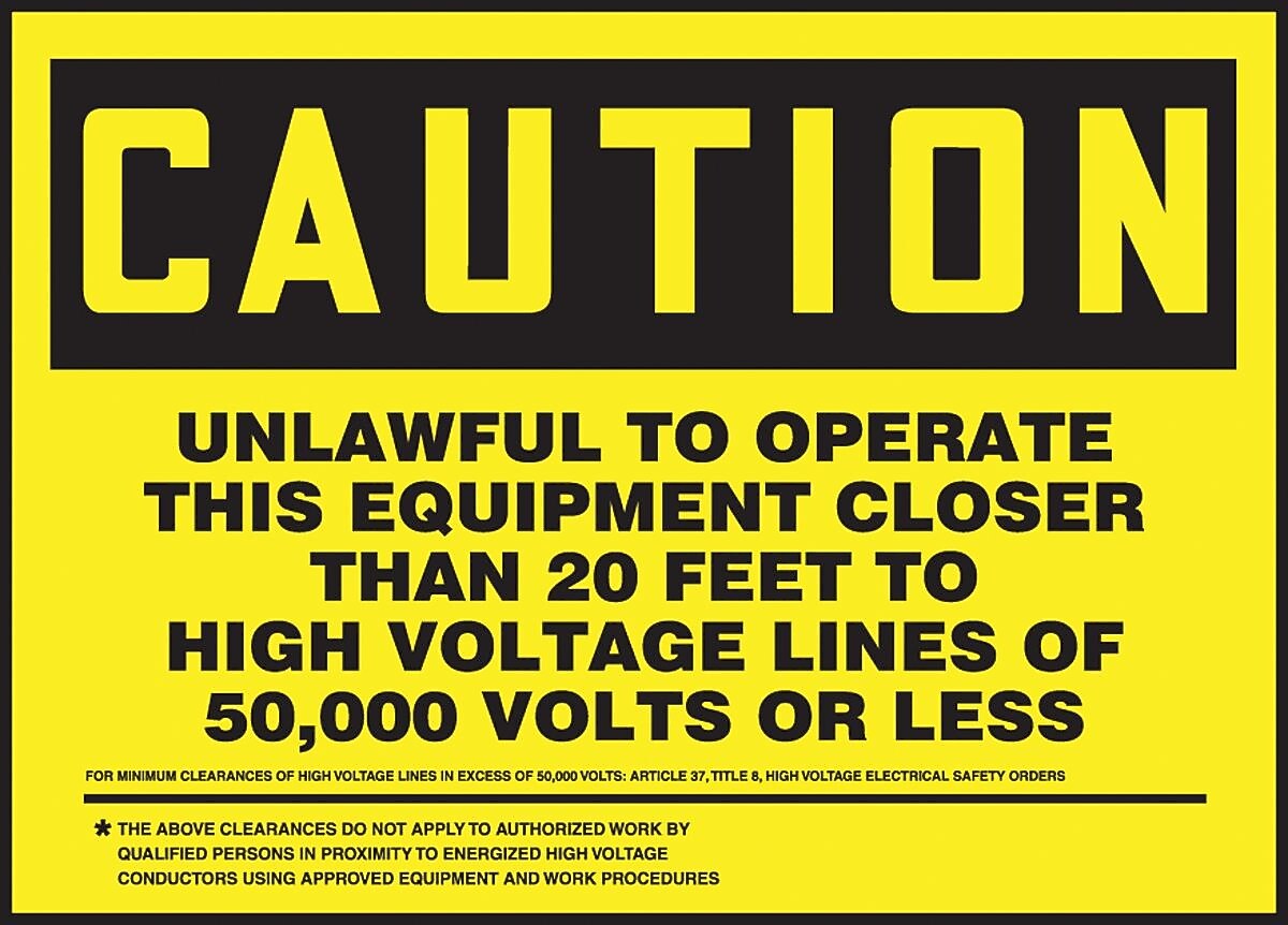 Accuform Safety Label; UNLAWFUL TO OPERATE EQUIPMENT 20' HIGH VOLTAGE LINES 5"x7" Vinyl, 5/Pack (LELC644VSP)