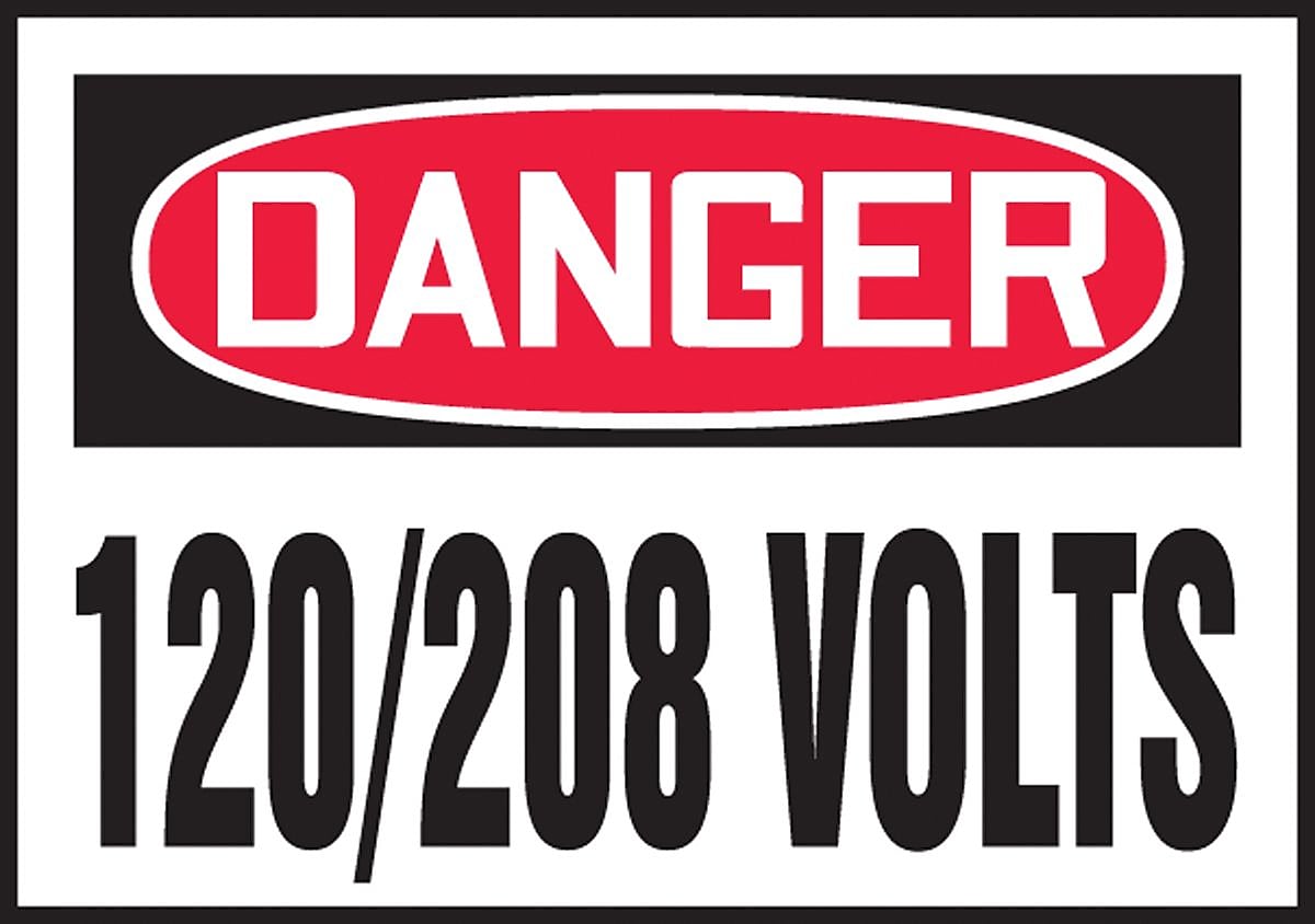 Accuform Safety Label, DANGER 120/208 VOLTS, 3 1/2" x 5", Adhesive Vinyl, 5/Pack (LELC154VSP)