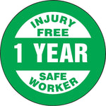Accuform Hard Hat/Helmet Decal, INJURY FREE SAFE WORKER - 1 YEAR, 2¼", Adhesive Vinyl, 10/Pack (LHTL361)